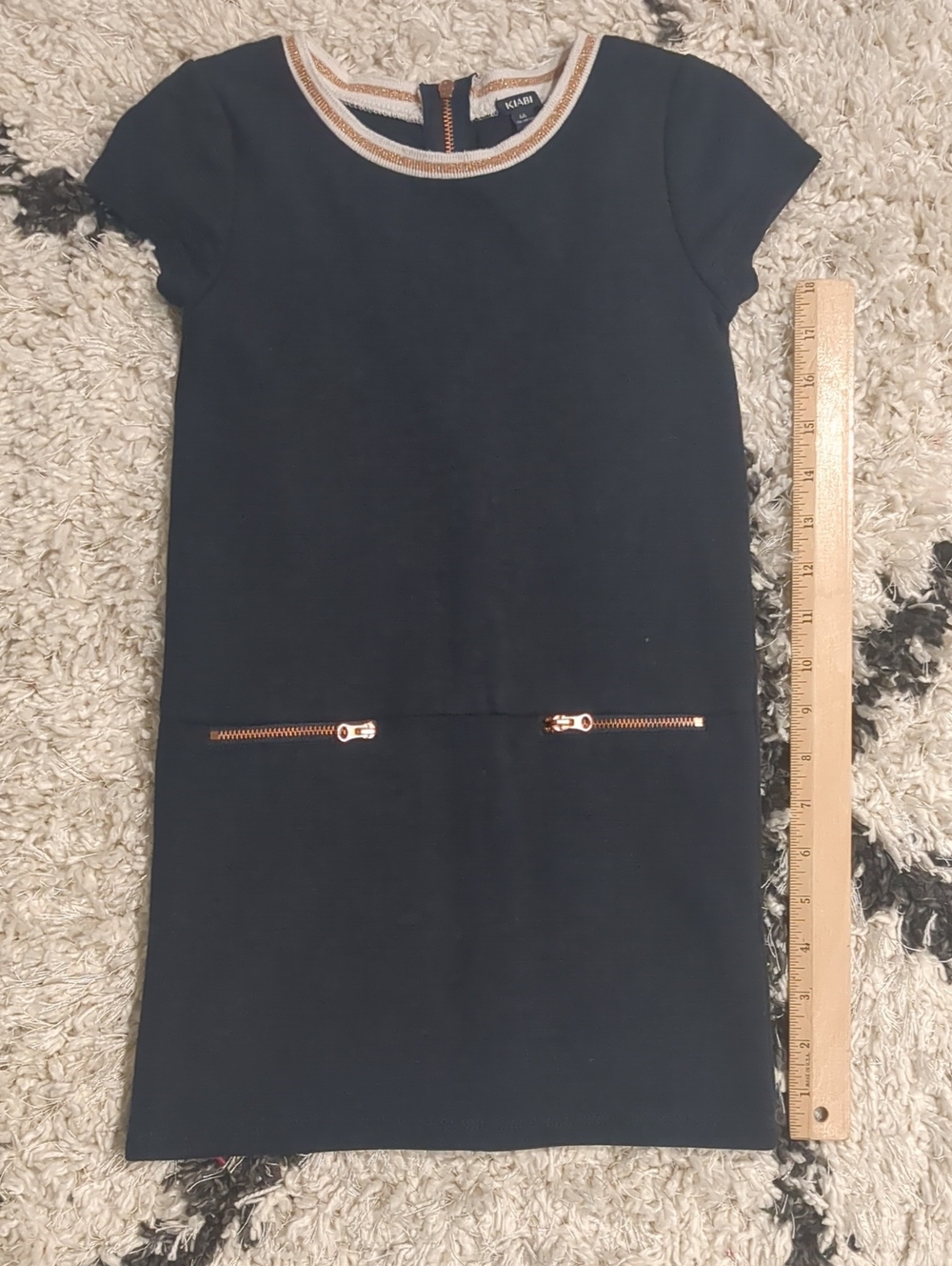 Girls Navy Short-Sleeve Knit Dress with Gold Trim
